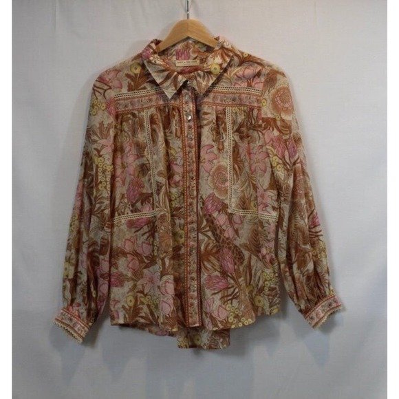 SPELL & THE GYPSY COLLECTIVE Sz S Small Jungle Print Shirt Top Crochet Trim - Picture 7 of 8